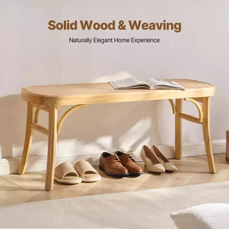 Banc en rotin tressé à la main de 110 cm – Pieds en bois de chêne, banc bohème pour entrée et chambre à coucher