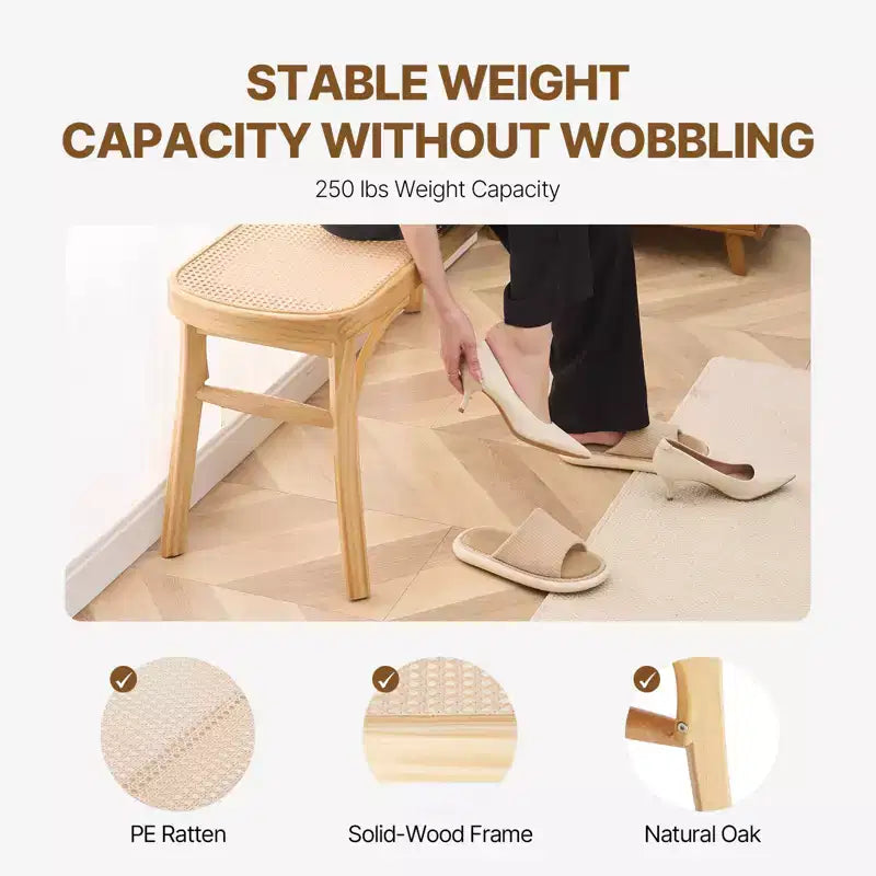 Banc en rotin tressé à la main de 110 cm – Pieds en bois de chêne, banc bohème pour entrée et chambre à coucher