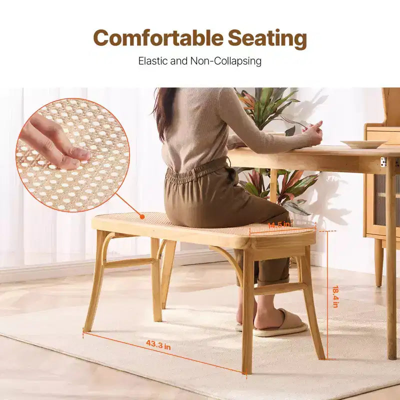 Banc en rotin tressé à la main de 110 cm – Pieds en bois de chêne, banc bohème pour entrée et chambre à coucher