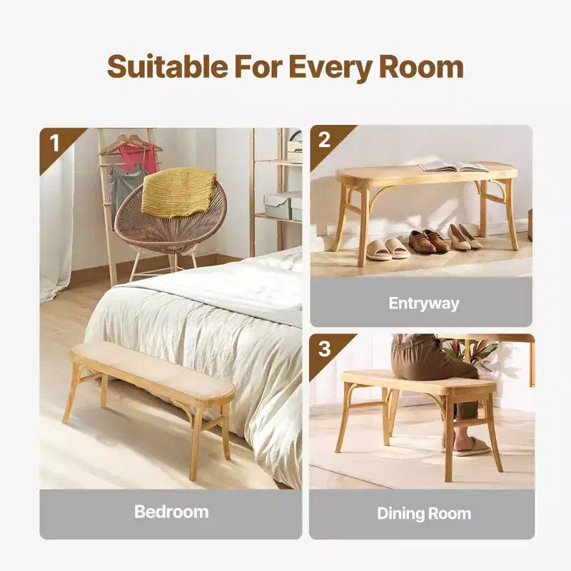 Banc en rotin tressé à la main de 110 cm – Pieds en bois de chêne, banc bohème pour entrée et chambre à coucher