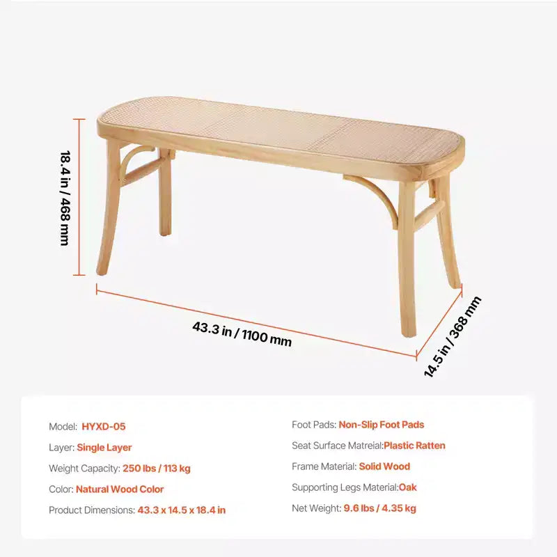 Banc en rotin tressé à la main de 110 cm – Pieds en bois de chêne, banc bohème pour entrée et chambre à coucher