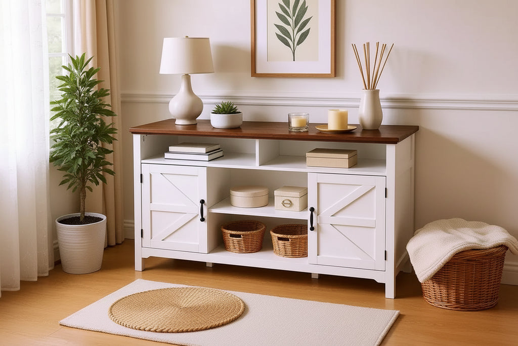 Homy Casa White Farmhouse Sideboard Buffet Cabinet with Storage Shelves and Sliding Door