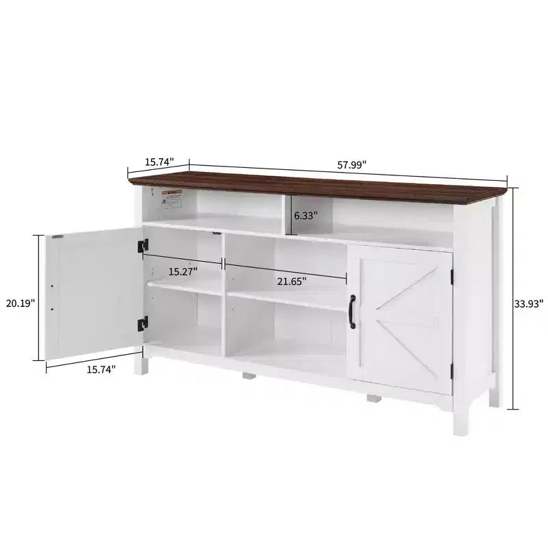 Buffet de salle à manger blanc style ferme – Porte coulissante, 5 étagères, 147,6 cm de large