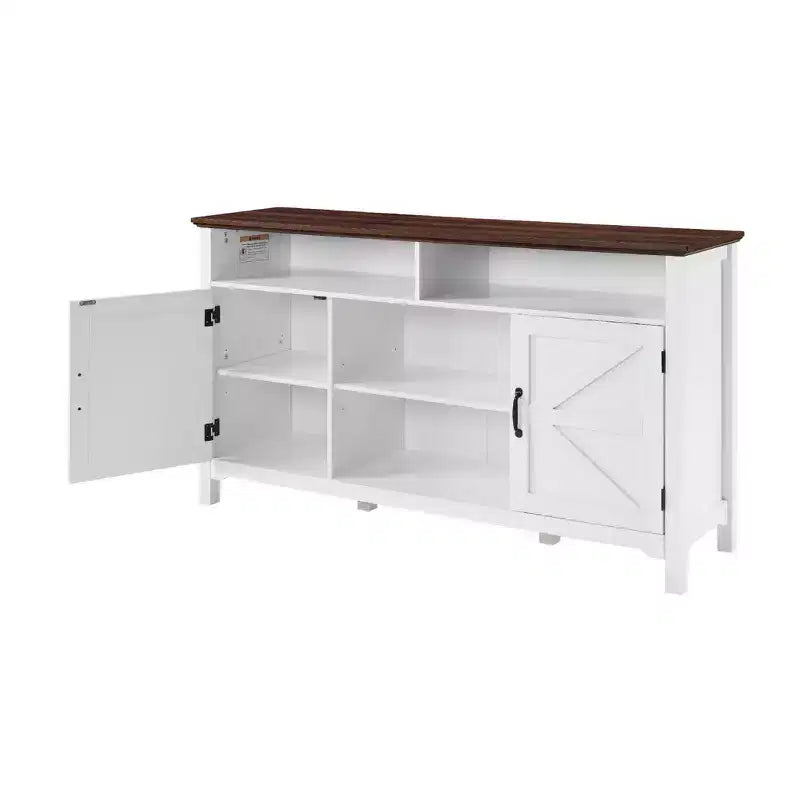 Buffet de salle à manger blanc style ferme – Porte coulissante, 5 étagères, 147,6 cm de large