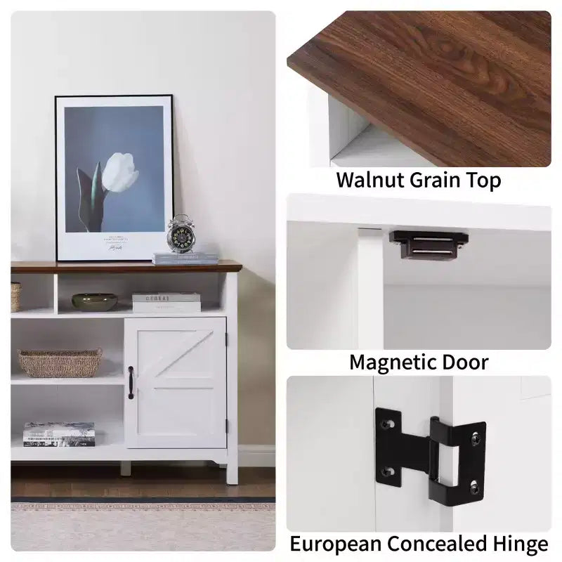 Buffet de salle à manger blanc style ferme – Porte coulissante, 5 étagères, 147,6 cm de large