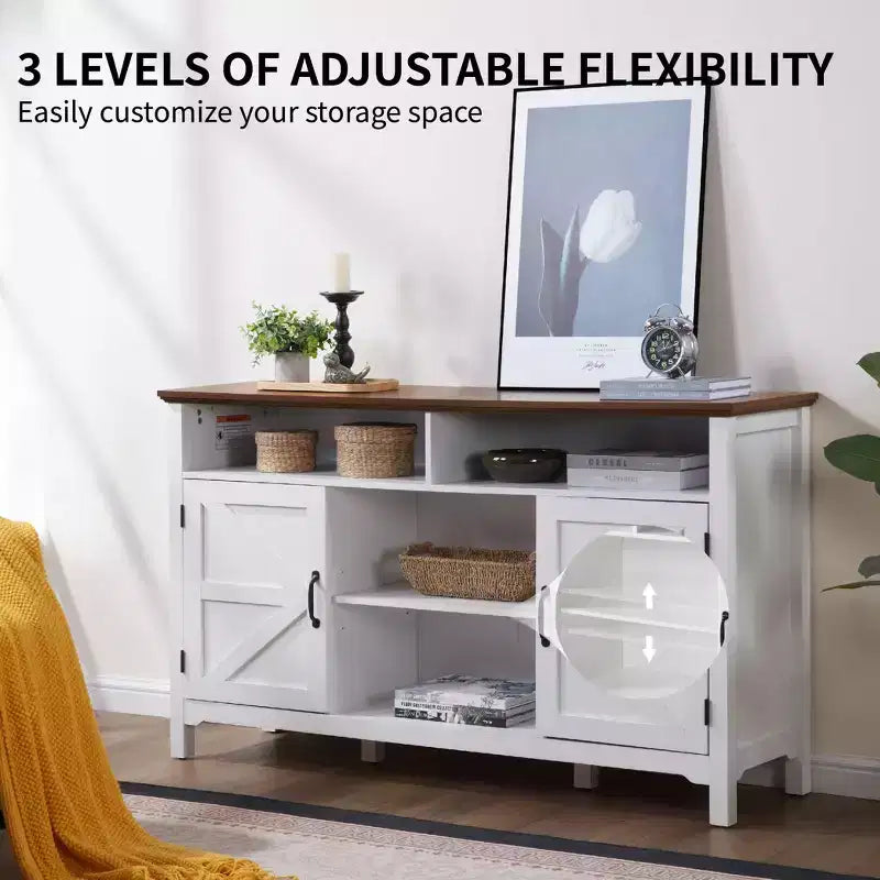 Buffet de salle à manger blanc style ferme – Porte coulissante, 5 étagères, 147,6 cm de large