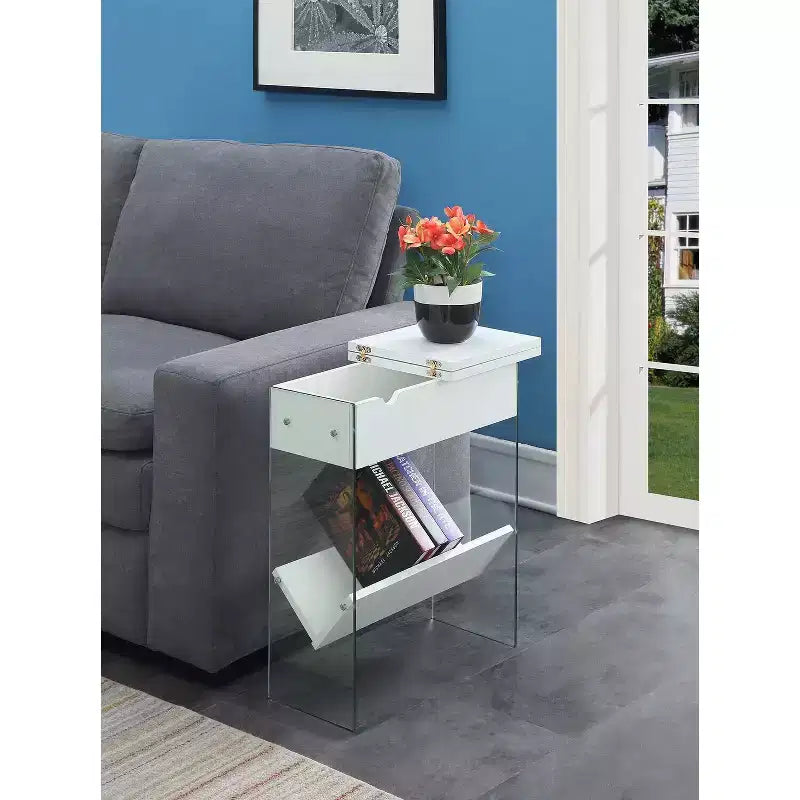 HomeStock Belmont Rustic Industrial End Table with Grooved Top, Decorative Metal Accents, Two Tier Storage Shelves and Sturdy Metal Frame