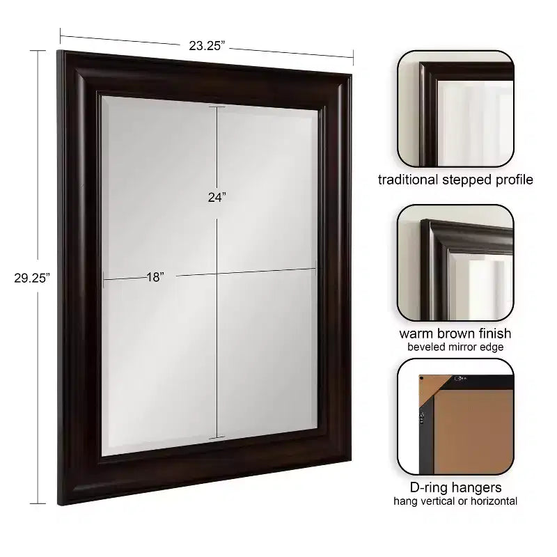 Miroir mural rectangulaire pour salle de bain – Cadre étagé Espresso, 23,25"L x 29,25"H