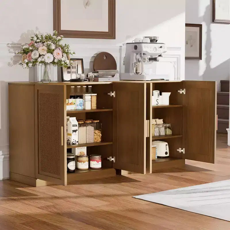Meuble de rangement haut de 31 po en grain de bois blanc, organisateur de rangement avec 2 portes en rotin tressé pour chambre à coucher/salon/salle à manger