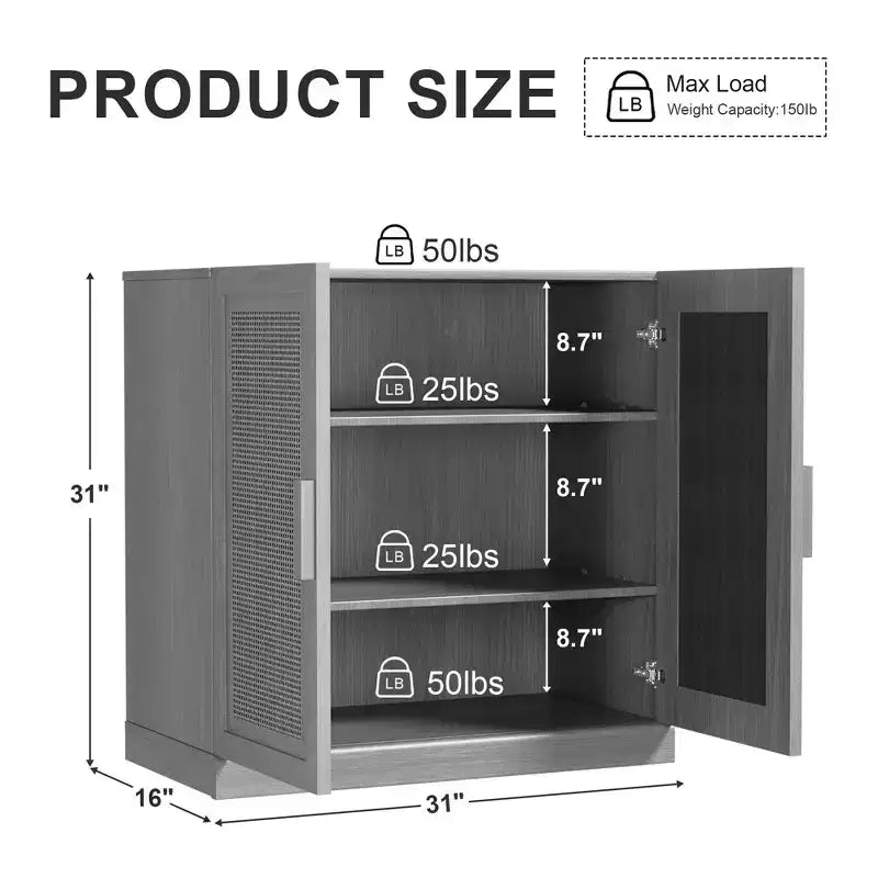 Meuble de rangement haut de 31 po en grain de bois blanc, organisateur de rangement avec 2 portes en rotin tressé pour chambre à coucher/salon/salle à manger