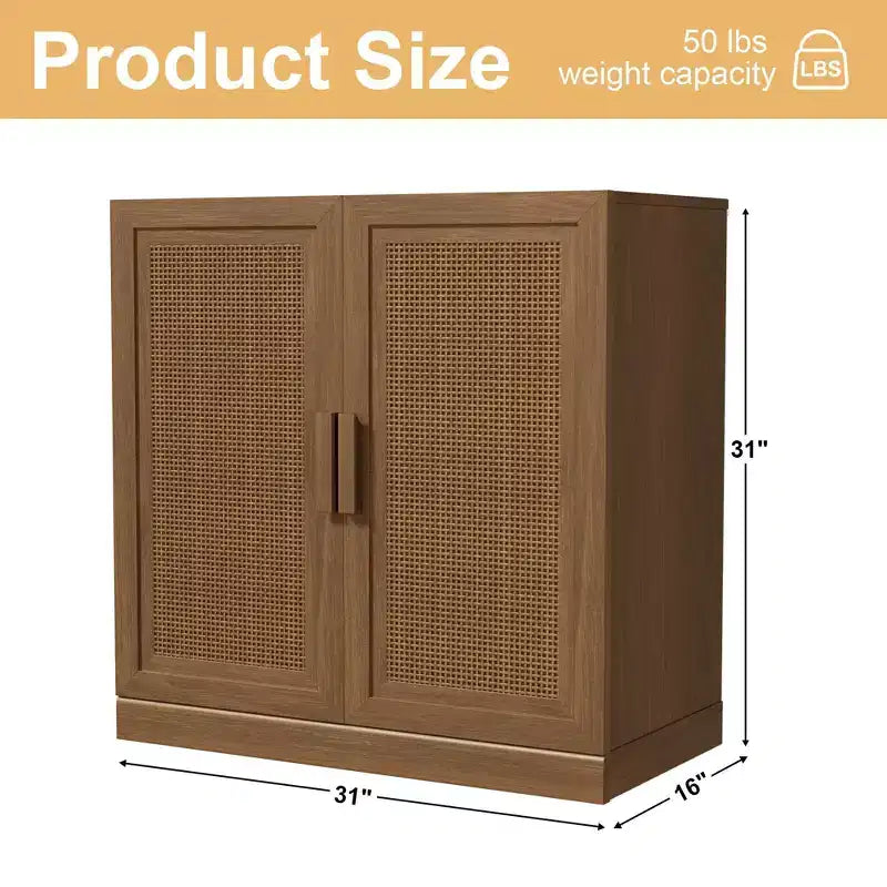 Meuble de rangement haut de 31 po en grain de bois blanc, organisateur de rangement avec 2 portes en rotin tressé pour chambre à coucher/salon/salle à manger