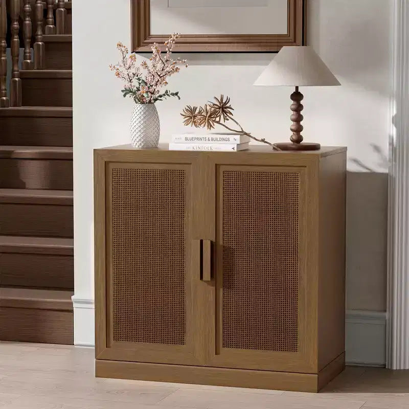 Meuble de rangement haut de 31 po en grain de bois blanc, organisateur de rangement avec 2 portes en rotin tressé pour chambre à coucher/salon/salle à manger