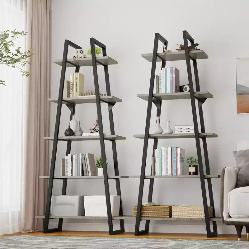 Étagère bibliothèque industrielle à 5 niveaux – Design rustique ouvert, étagères de présentation autoportantes