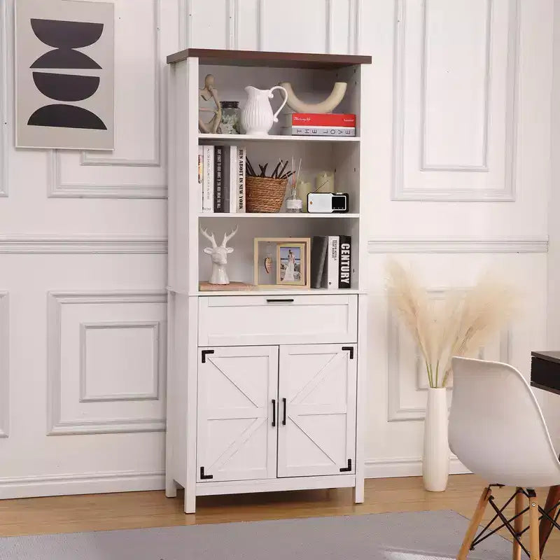 72 High Bookcase With Doors, 6 Shelves With Drawers and Adjustable Shelves, Floor-To-Ceiling Open Bookshelf for Bedroom, Living Room, Home, Office