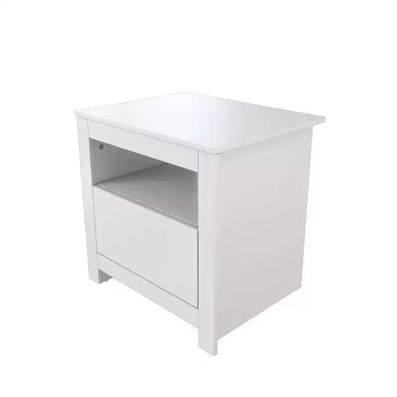 Table d'appoint rectangulaire blanche en bois de 57 cm avec 1 tiroir et étagère ouverte