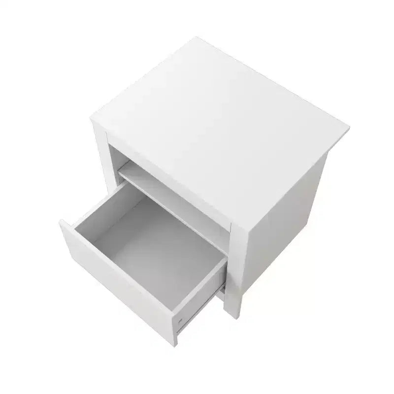 Table d'appoint rectangulaire blanche en bois de 57 cm avec 1 tiroir et étagère ouverte