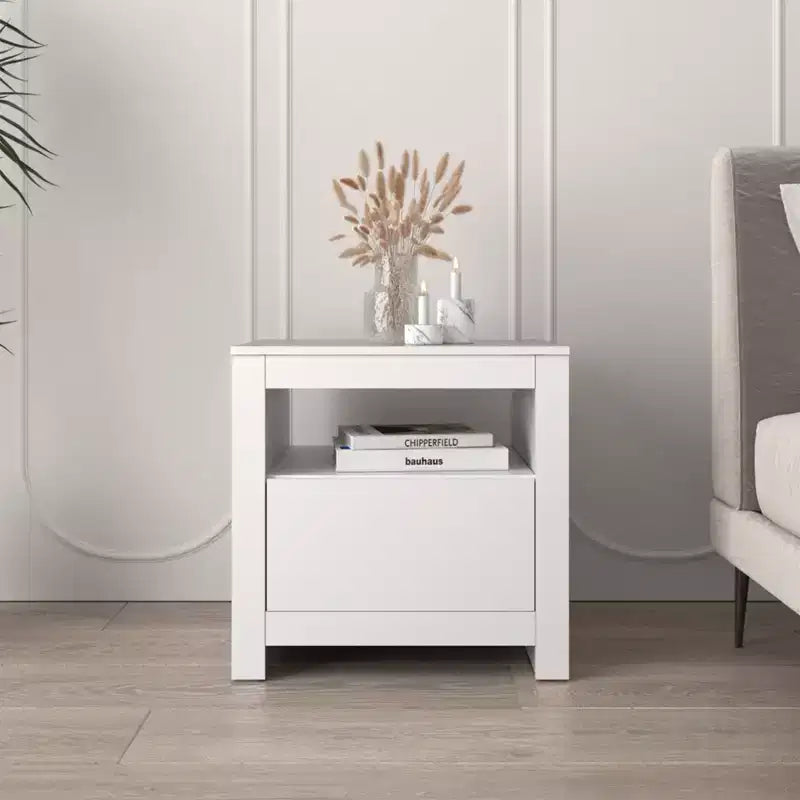 Table d'appoint rectangulaire blanche en bois de 57 cm avec 1 tiroir et étagère ouverte