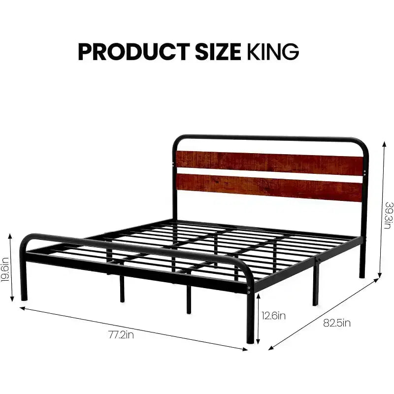 Cadre de lit plateforme king size en métal – Tête de lit en bois, 400 kg, rangement sous le lit