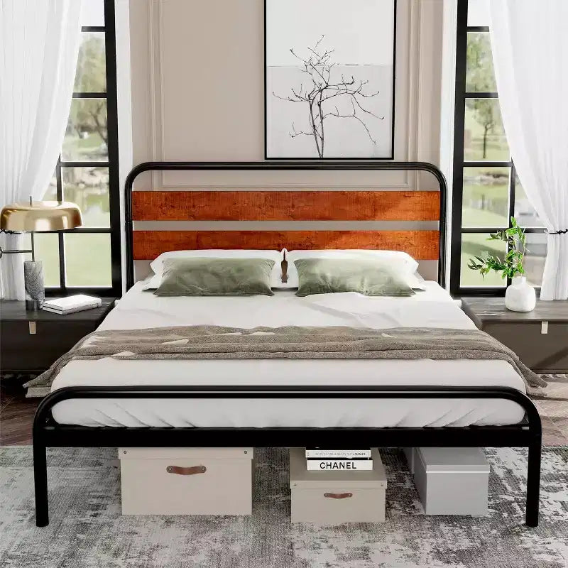 Cadre de lit plateforme king size en métal – Tête de lit en bois, 400 kg, rangement sous le lit