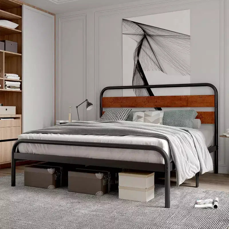 Cadre de lit plateforme king size en métal – Tête de lit en bois, 400 kg, rangement sous le lit