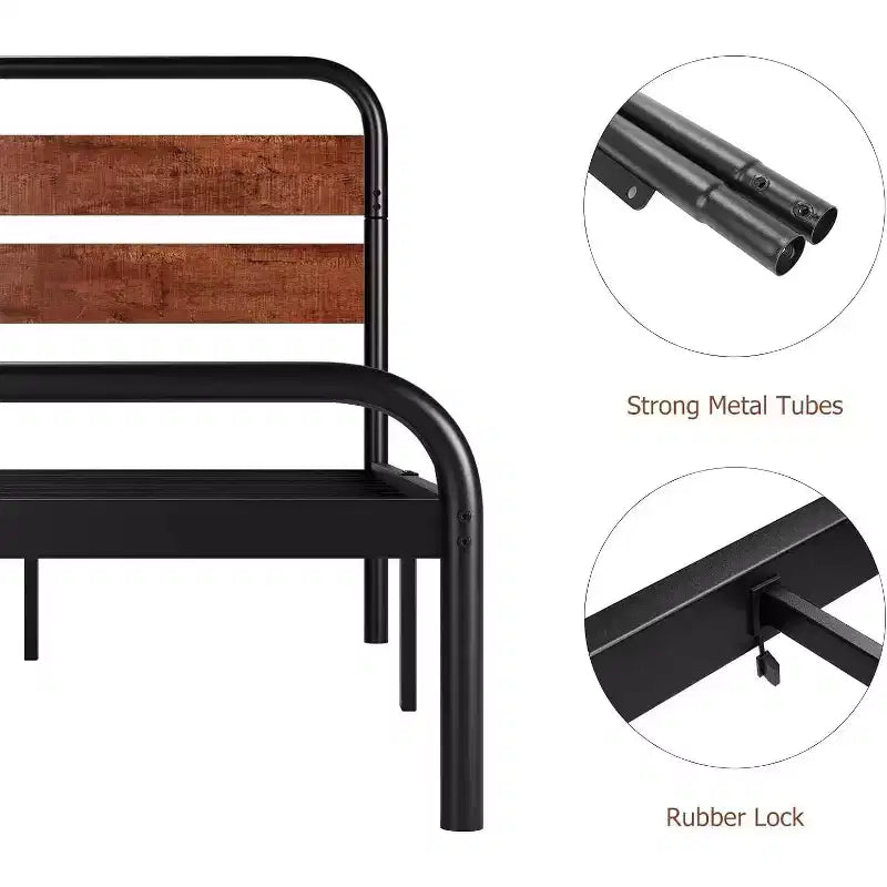 Cadre de lit plateforme king size en métal – Tête de lit en bois, 400 kg, rangement sous le lit