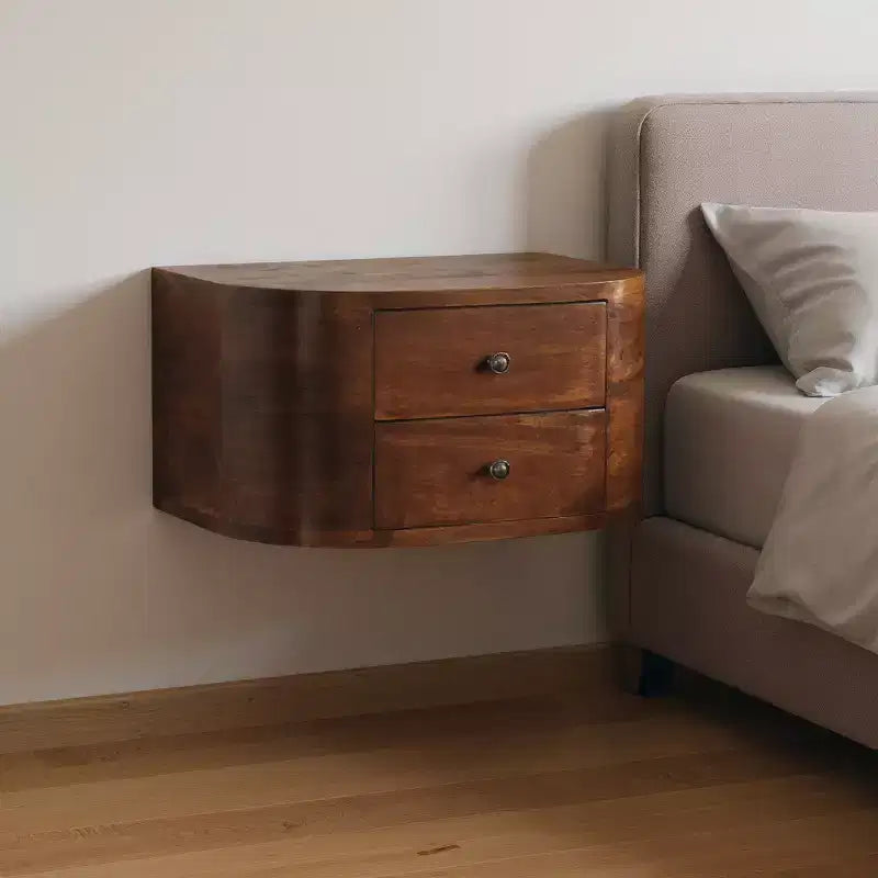 18" Brown Solid Wood Round Floating Nightstand – 2 Drawers, Wall-Mounted