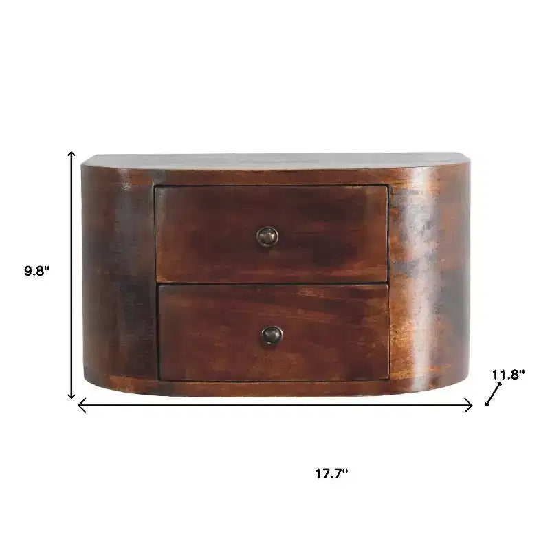 18" Brown Solid Wood Round Floating Nightstand – 2 Drawers, Wall-Mounted