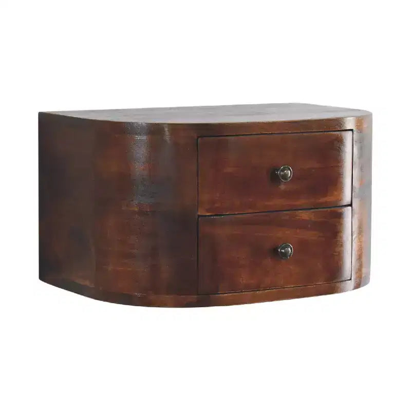 18" Brown Solid Wood Round Floating Nightstand – 2 Drawers, Wall-Mounted