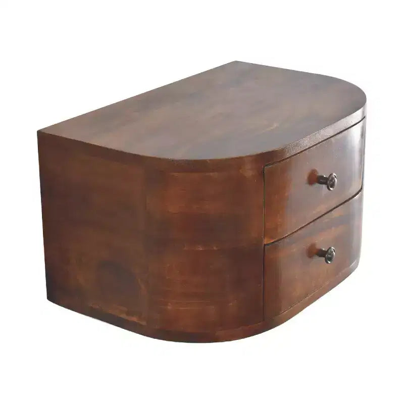 18" Brown Solid Wood Round Floating Nightstand – 2 Drawers, Wall-Mounted