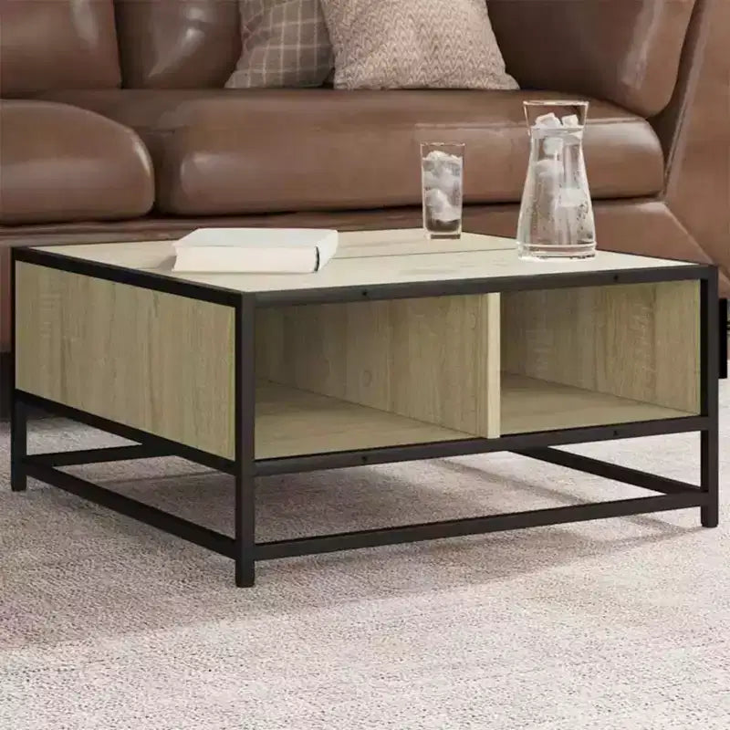 Table Basse Carrée de Rangement – Compartiment Caché, Finition Mate, Métal et Bois
