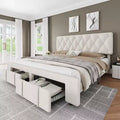 Acekool Full Bed Frame with 2 Storage Drawers, Upholstered Platform Bed with Wood Slat Support, Noise-Reducing Design, Beige