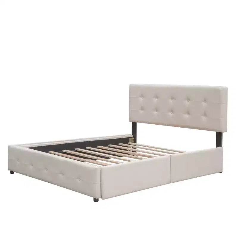 Lit plateforme rembourré Queen Size avec lit gigogne Twin XL, cadre de lit Queen en bois de lin 2 tiroirs pour chambre à coucher