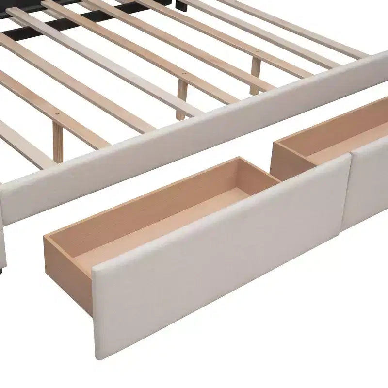 Lit plateforme rembourré Queen Size avec lit gigogne Twin XL, cadre de lit Queen en bois de lin 2 tiroirs pour chambre à coucher