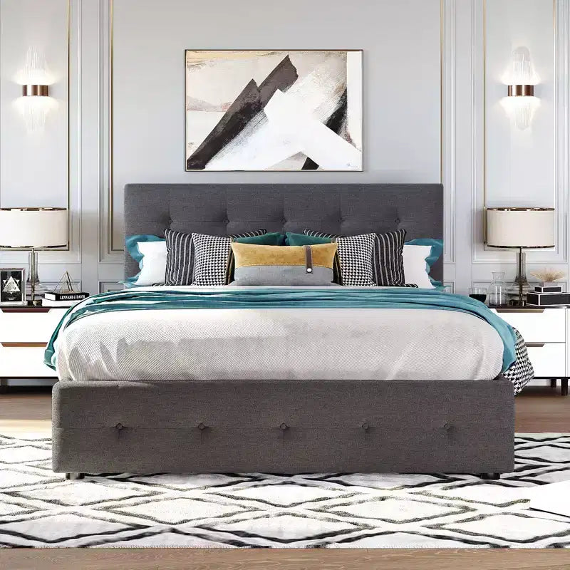 Lit plateforme rembourré Queen Size avec lit gigogne Twin XL, cadre de lit Queen en bois de lin 2 tiroirs pour chambre à coucher