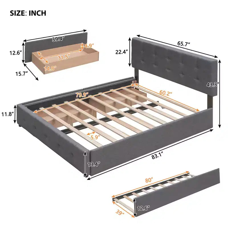 Lit plateforme rembourré Queen Size avec lit gigogne Twin XL, cadre de lit Queen en bois de lin 2 tiroirs pour chambre à coucher
