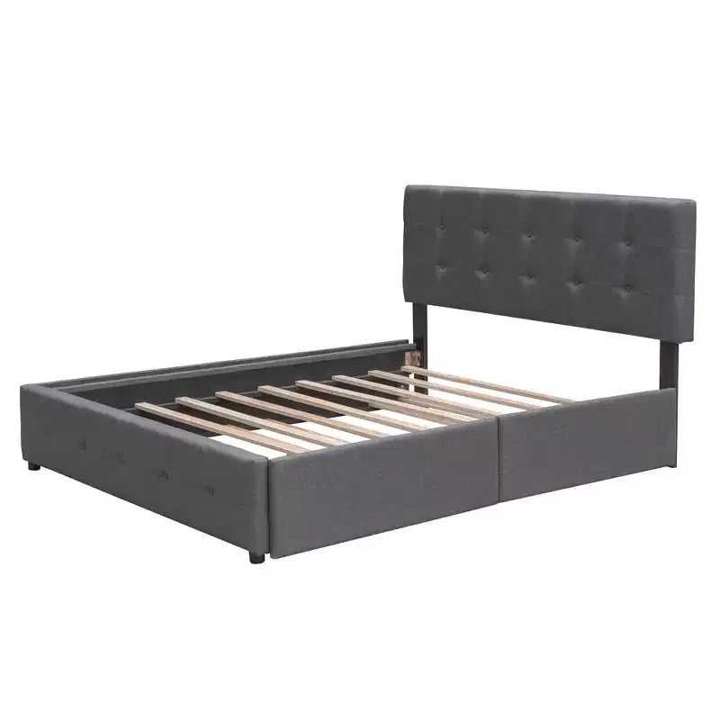 Lit plateforme rembourré Queen Size avec lit gigogne Twin XL, cadre de lit Queen en bois de lin 2 tiroirs pour chambre à coucher