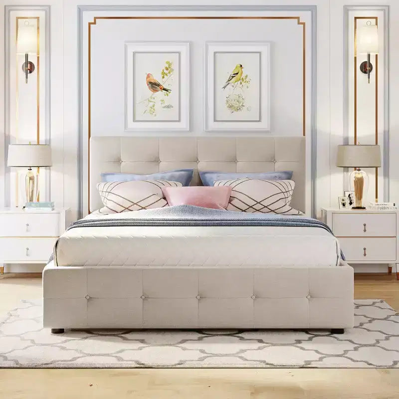 Lit plateforme rembourré Queen Size avec lit gigogne Twin XL, cadre de lit Queen en bois de lin 2 tiroirs pour chambre à coucher