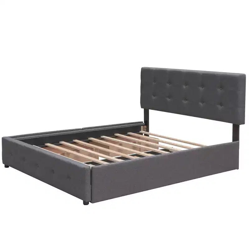 Lit plateforme rembourré Queen Size avec lit gigogne Twin XL, cadre de lit Queen en bois de lin 2 tiroirs pour chambre à coucher