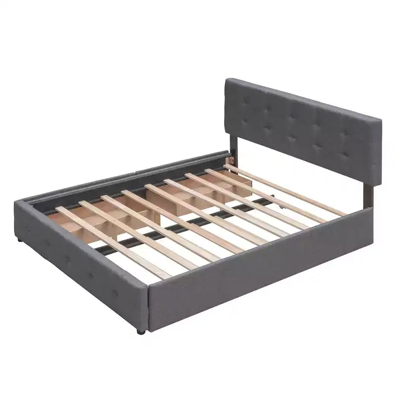 Lit plateforme rembourré Queen Size avec lit gigogne Twin XL, cadre de lit Queen en bois de lin 2 tiroirs pour chambre à coucher