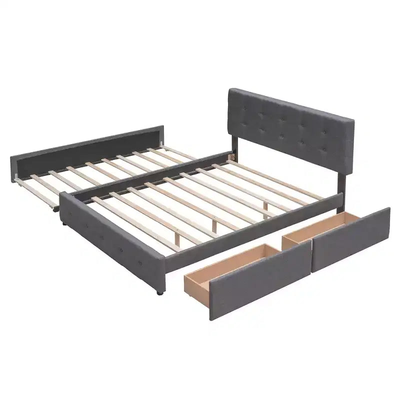 Lit plateforme rembourré Queen Size avec lit gigogne Twin XL, cadre de lit Queen en bois de lin 2 tiroirs pour chambre à coucher