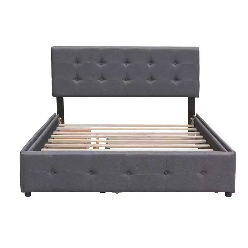 Lit plateforme rembourré Queen Size avec lit gigogne Twin XL, cadre de lit Queen en bois de lin 2 tiroirs pour chambre à coucher