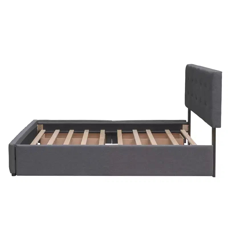 Lit plateforme rembourré Queen Size avec lit gigogne Twin XL, cadre de lit Queen en bois de lin 2 tiroirs pour chambre à coucher