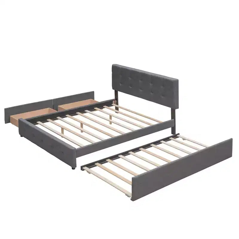 Lit plateforme rembourré Queen Size avec lit gigogne Twin XL, cadre de lit Queen en bois de lin 2 tiroirs pour chambre à coucher