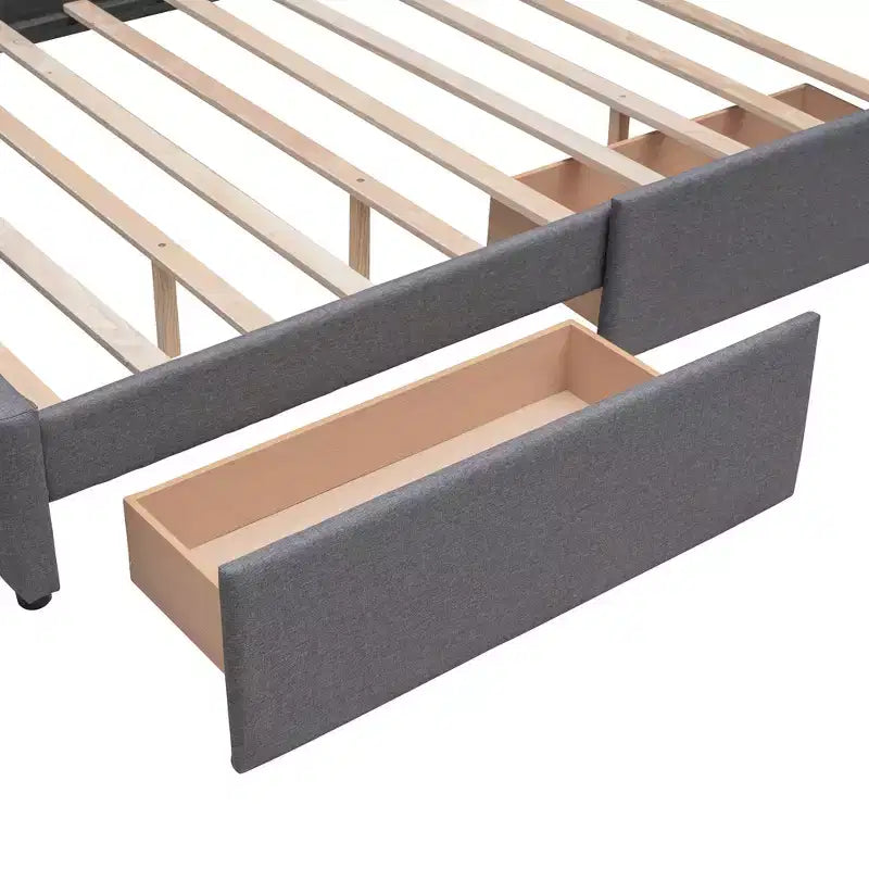 Lit plateforme rembourré Queen Size avec lit gigogne Twin XL, cadre de lit Queen en bois de lin 2 tiroirs pour chambre à coucher