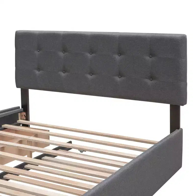 Lit plateforme rembourré Queen Size avec lit gigogne Twin XL, cadre de lit Queen en bois de lin 2 tiroirs pour chambre à coucher