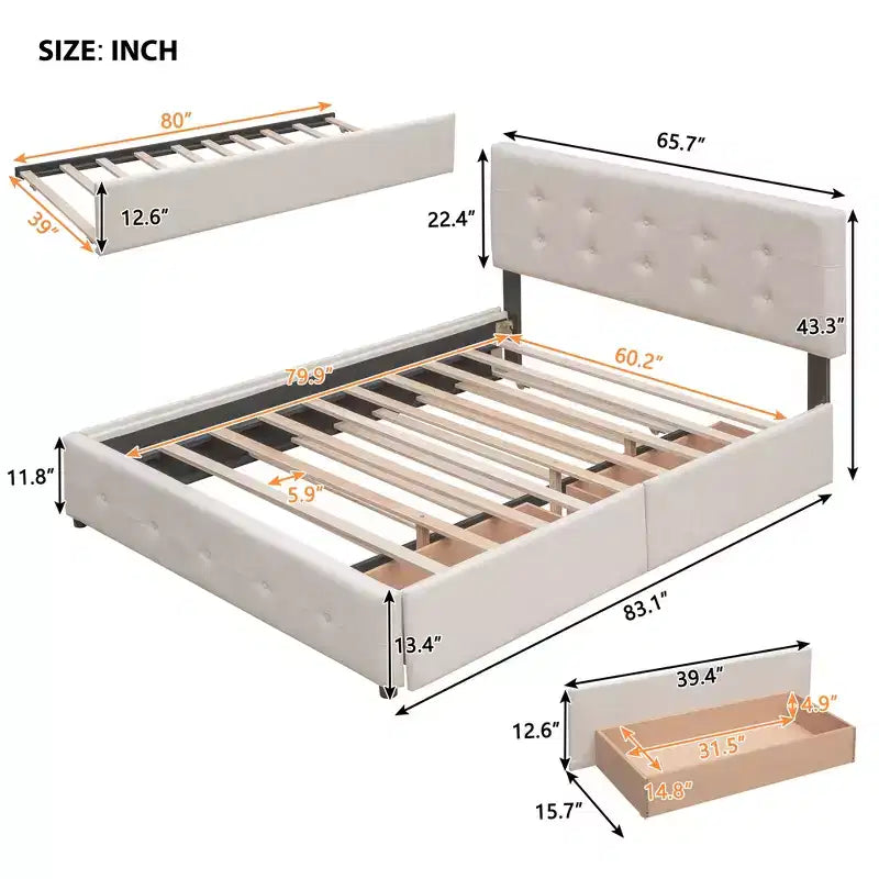 Lit plateforme rembourré Queen Size avec lit gigogne Twin XL, cadre de lit Queen en bois de lin 2 tiroirs pour chambre à coucher