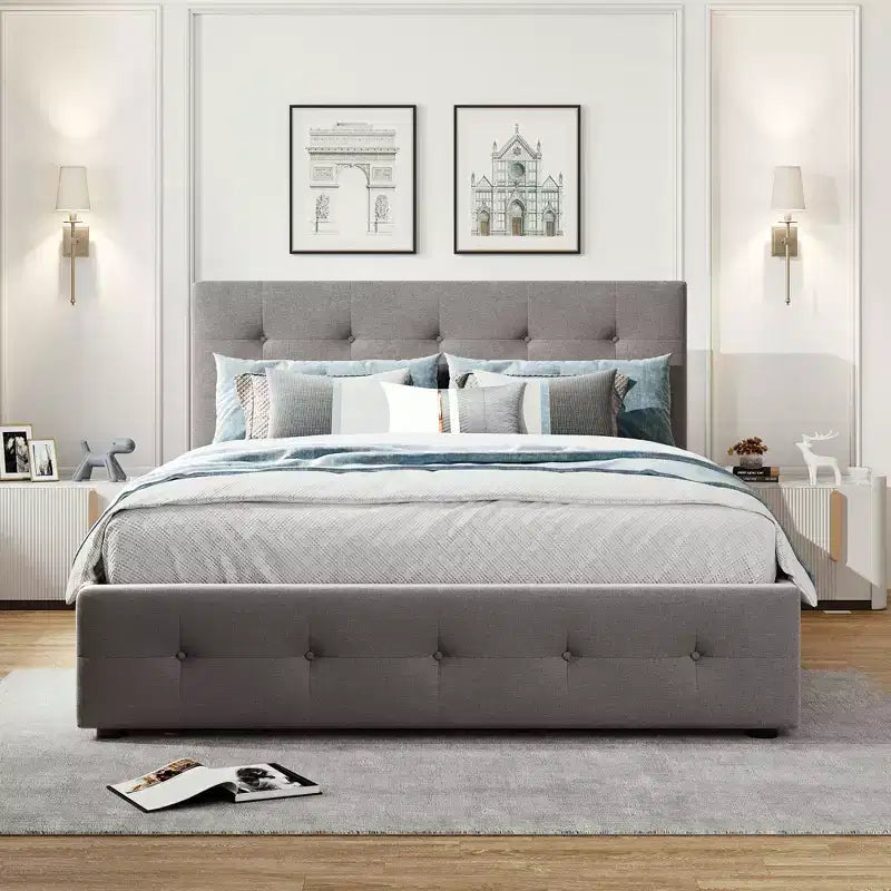 Lit plateforme rembourré Queen Size avec lit gigogne Twin XL, cadre de lit Queen en bois de lin 2 tiroirs pour chambre à coucher