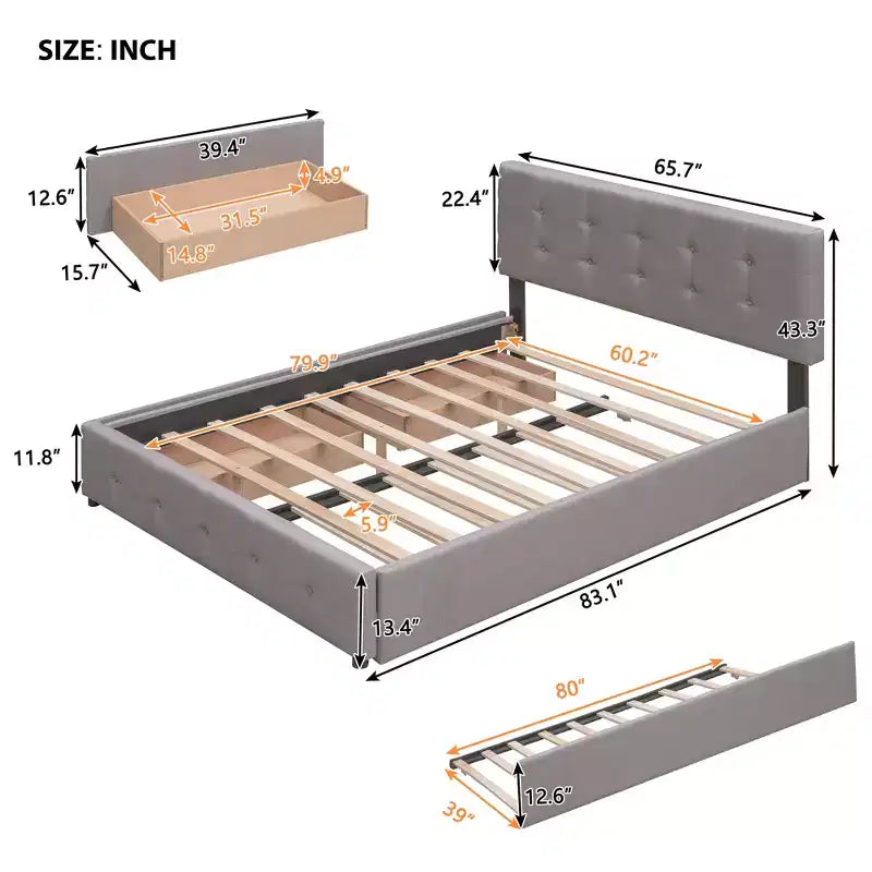 Lit plateforme rembourré Queen Size avec lit gigogne Twin XL, cadre de lit Queen en bois de lin 2 tiroirs pour chambre à coucher