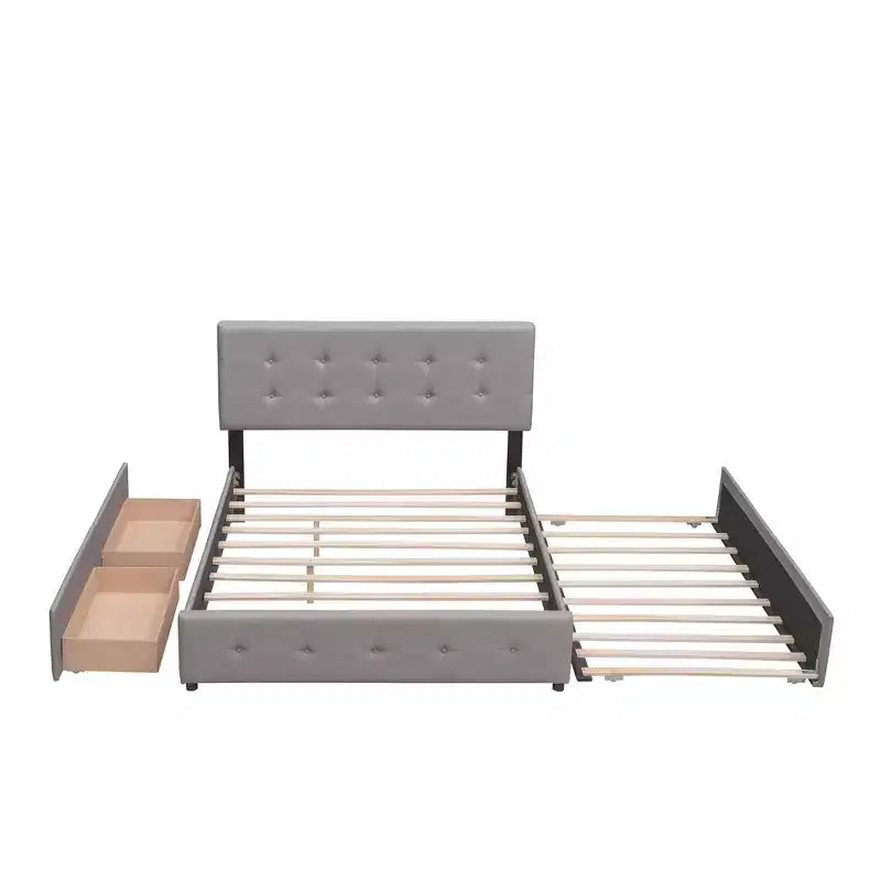 Lit plateforme rembourré Queen Size avec lit gigogne Twin XL, cadre de lit Queen en bois de lin 2 tiroirs pour chambre à coucher