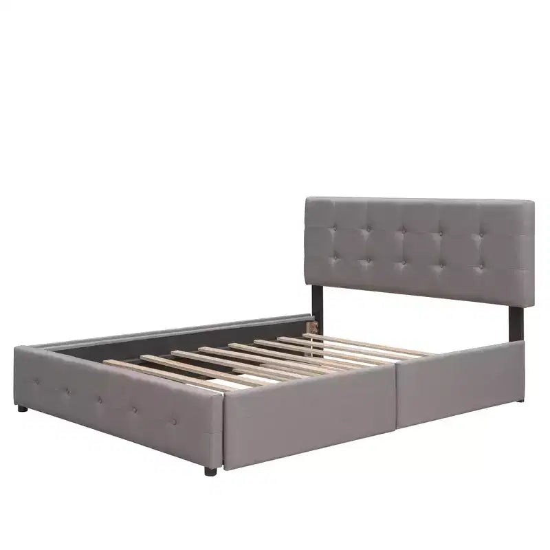 Lit plateforme rembourré Queen Size avec lit gigogne Twin XL, cadre de lit Queen en bois de lin 2 tiroirs pour chambre à coucher